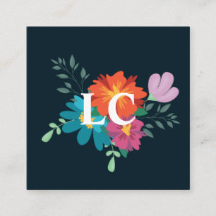 Boho Floral Bouquet Monogram Blue Square Business Card