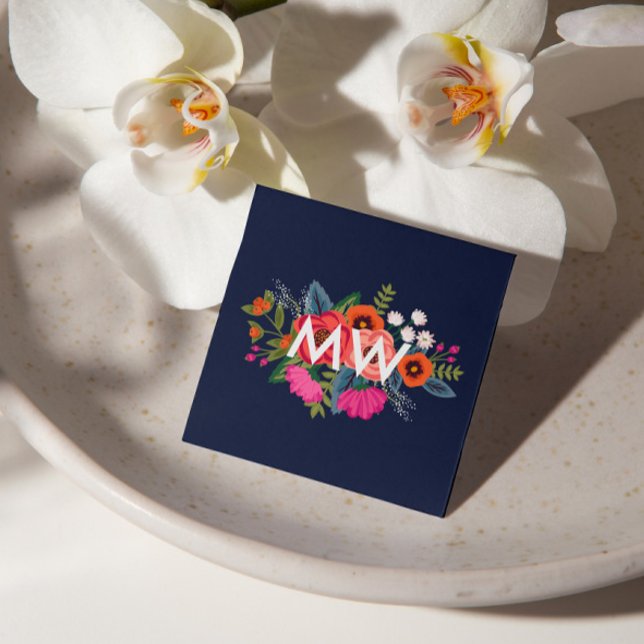 Boho Floral Bouquet - Navy Blue - Monogram Square Business Card (Creator Uploaded)