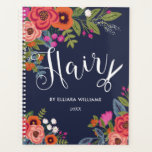 Boho Floral Bouquets - Navy Blue Hair Stylist Planner<br><div class="desc">Spiral planner or appointment book with Hair written in a pretty script,  a pair of white scissors,  and  lovely bohemian flower bouquets of orange pansies and pink and red roses.</div>