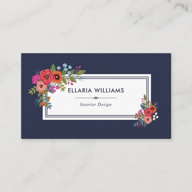 Boho Floral Bouquets - Navy Blue & White Business Card (Front)