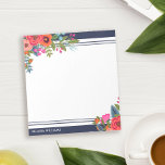 Boho Floral Bouquets - Navy Blue & White - Name Notepad<br><div class="desc">Personalised notepad with beautiful bouquets of boho flowers in two of the corners. Add your name in modern white letters against navy blue.</div>