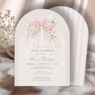Boho floral bow blush pink baby girl shower invitation