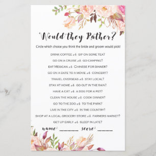 Boho Floral Bridal Shower Game - Would They Rather