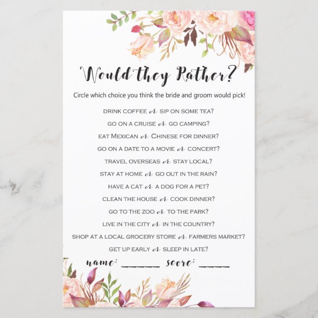 Boho Floral Bridal Shower Game - Would They Rather (Front)