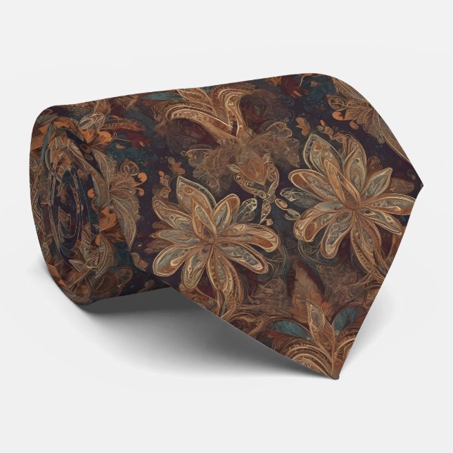 Boho Floral Brown Purple Bohemian Style Neck Tie (Rolled)