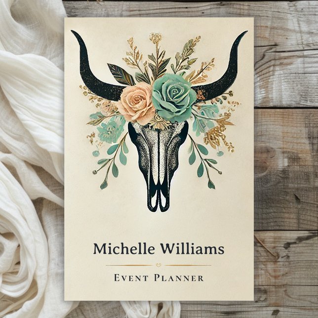 Boho Floral Bull Cow Skull Western Rustic Business Card (Front - Boho Floral Bull Cow Skull Western Rustic Business Card)