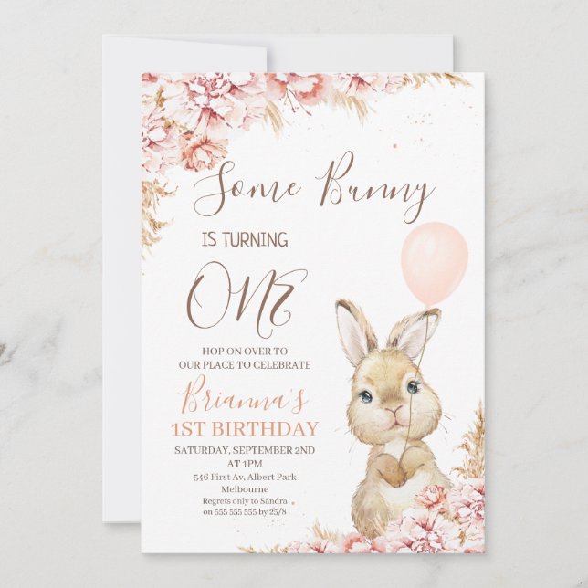 Boho Floral Bunny Balloon 1st Birthday Invitation (Front)