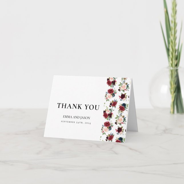 Boho Floral Burgundy Blush Wedding Thank You Card (Front)