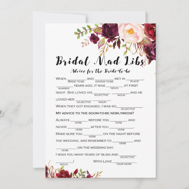 Boho Floral Burgundy Bridal Shower Game 5x7 Invitation (Front)