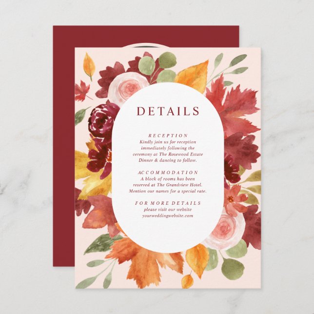 Boho Floral Burgundy Fall Photo Wedding Details Enclosure Card (Front/Back)