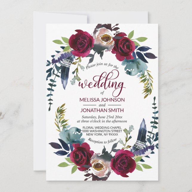 Boho Floral Burgundy Merlot Navy Blue Wedding Invitation (Front)