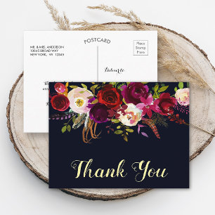 Boho Floral Burgundy Navy Fall Wedding Thank You Postcard