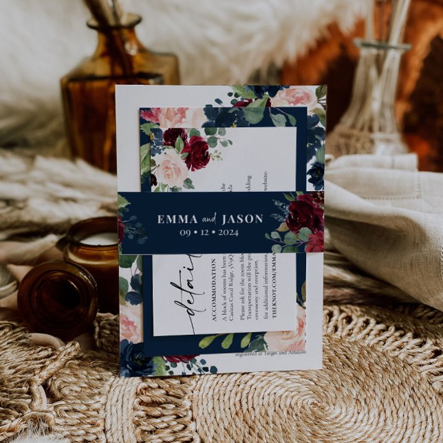 Boho Floral Burgundy Navy Invitation Belly Band (Creator Uploaded)