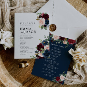 Boho Floral Burgundy Navy Wedding Program  Invitation