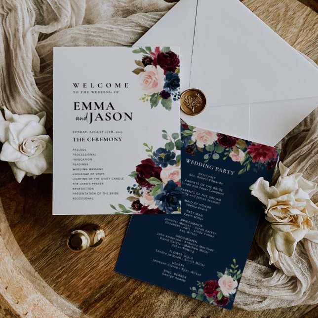 Boho Floral Burgundy Navy Wedding Program  Invitation (Creator Uploaded)