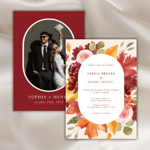 Boho Floral Burgundy Romance Wedding Photo Invitation