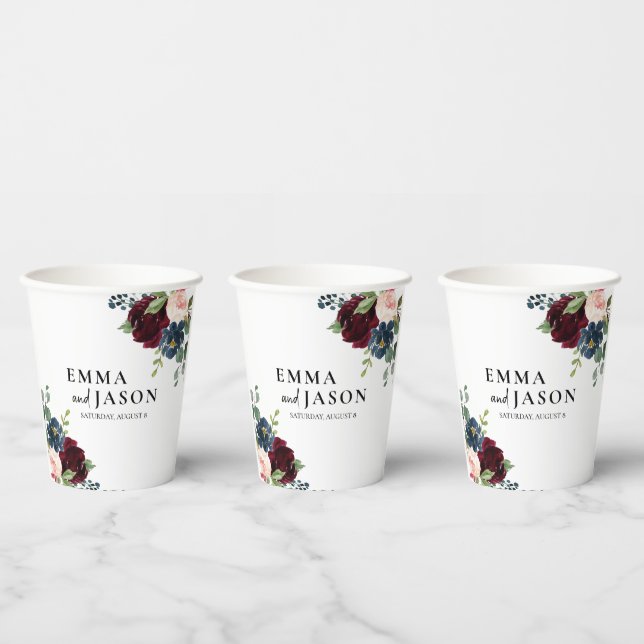 Boho Floral Burgundy Wedding Paper Cups (Multi)