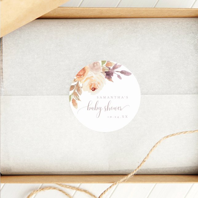 Boho Floral Burnt Orange Baby Shower  Classic Round Sticker (Creator Uploaded)