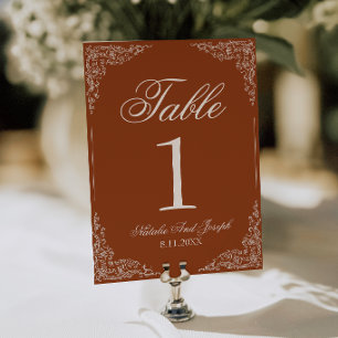 Boho Floral Burnt Orange Rust Wedding Table Number