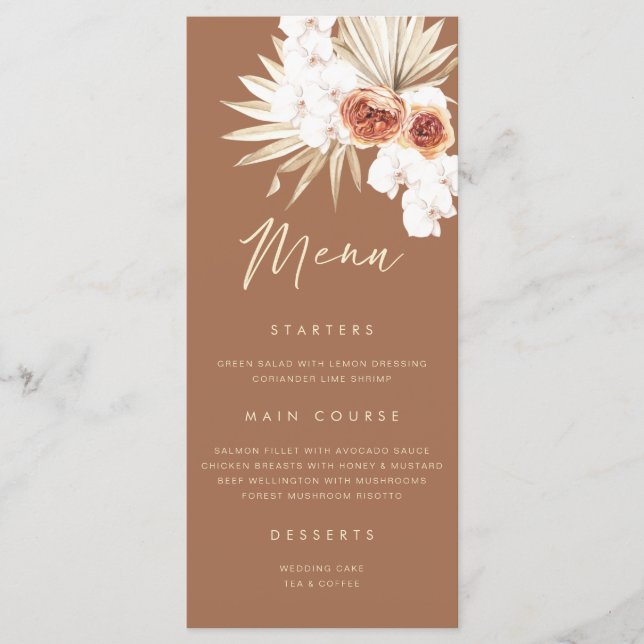 Boho Floral Burnt Orange Wedding Menu  (Front)