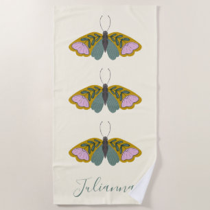 Boho Floral Butterfly Illustration Personalised  Beach Towel