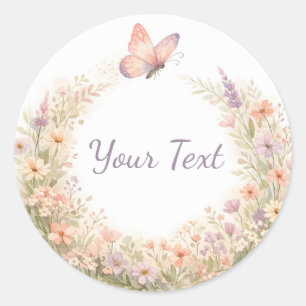 Boho Floral Butterfly Wreath Classic Round Sticker