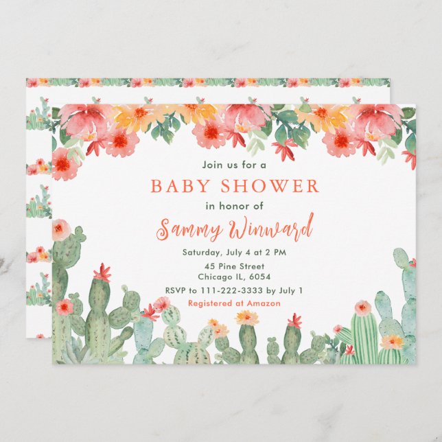 Boho Floral Cactus Baby Shower Invitation (Front/Back)