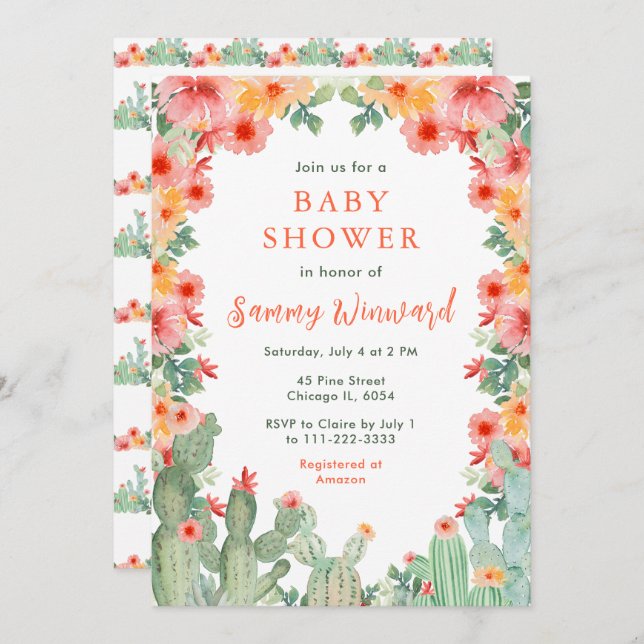 Boho Floral Cactus Baby Shower Invitation (Front/Back)