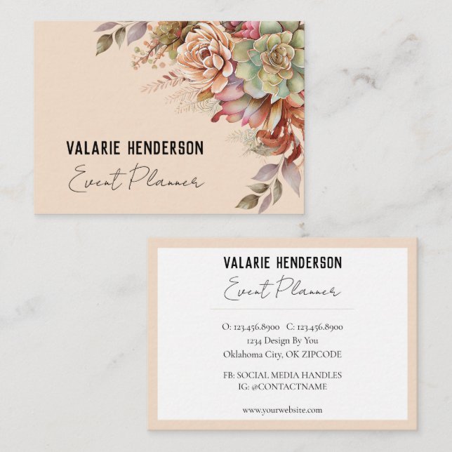 Boho Floral Cactus Feminine Script Business Card (Front/Back)