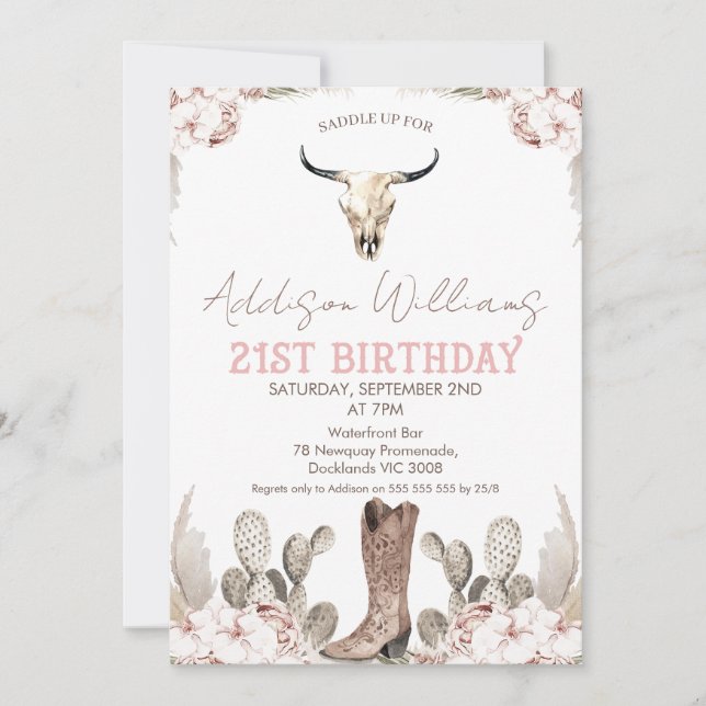 Boho Floral Cactus Rodeo 21st Birthday Invitation (Front)