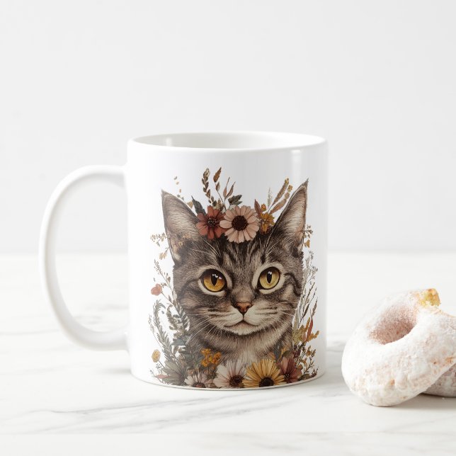Boho Floral Cat Face Mug – Stylish & Whimsical  (With Donut)