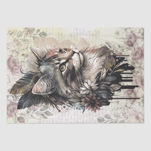 Boho Floral Cat Watercolor Tissue Paper (Front)