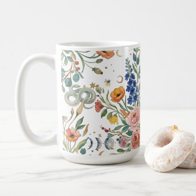 Boho Floral Celestial Moon  & Snakes Botanical Coffee Mug (With Donut)