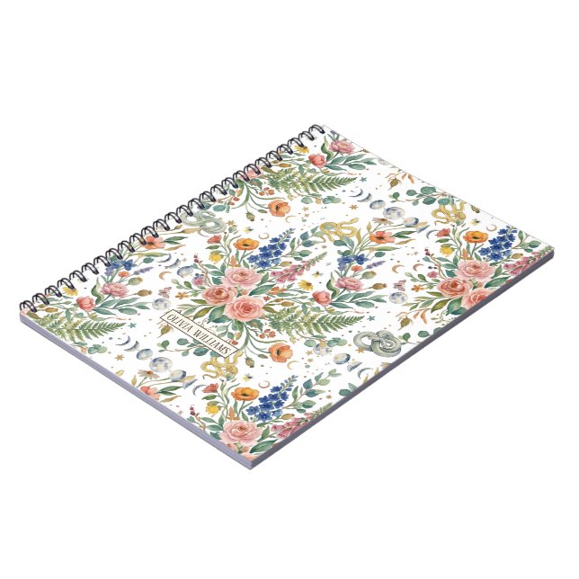 Boho Floral Celestial Moon  & Snakes Botanical Notebook (Left Side)