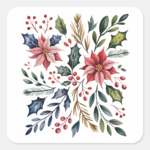 Boho Floral Christmas Holiday Winter Cute Holiday  Square Sticker