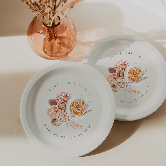 Boho Floral Coffee "Love is Brewing" Bridal Shower Paper Plate (Creator Uploaded)
