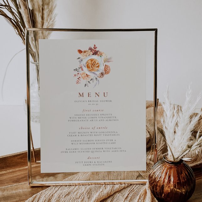 Boho Floral Coffee Theme Bridal Shower Menu Sign (Coffee theme bridal shower menu sign)
