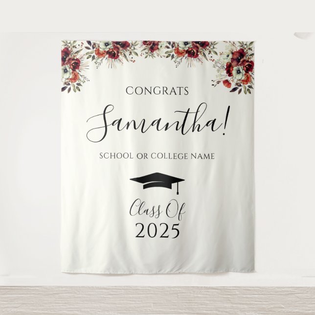 Boho Floral Congrats Graduation Photo Backdrop Tapestry (Front)