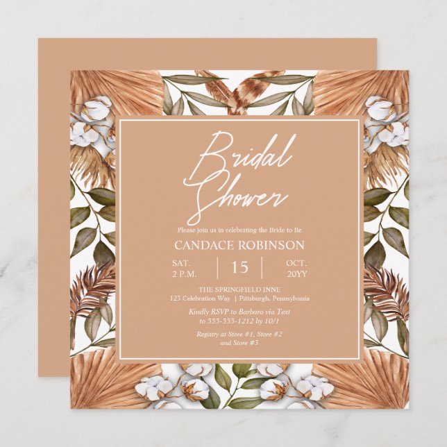 Boho Floral Cotton | Dried Grasses Bridal Shower   Invitation (Front/Back)