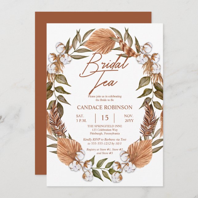 Boho Floral Cotton Dried Grasses Bridal Tea Shower Invitation (Front/Back)