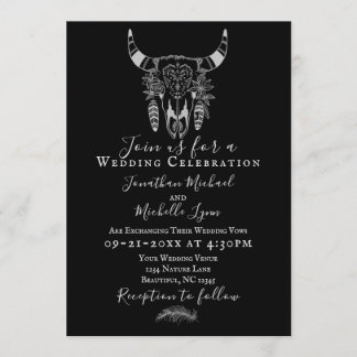 Boho Floral Cow Skull Black and White Wedding Invitation