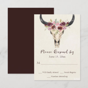 Boho Floral Cow Skull Burgundy and Cream Wedding RSVP Card