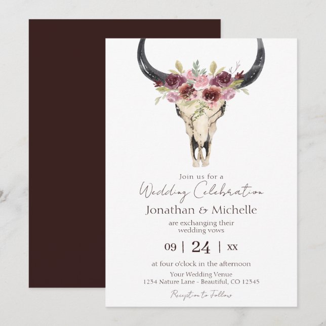 Boho Floral Cow Skull Burgundy and White Wedding Invitation (Front/Back)