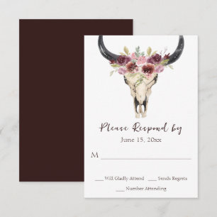 Boho Floral Cow Skull Burgundy and White Wedding RSVP Card
