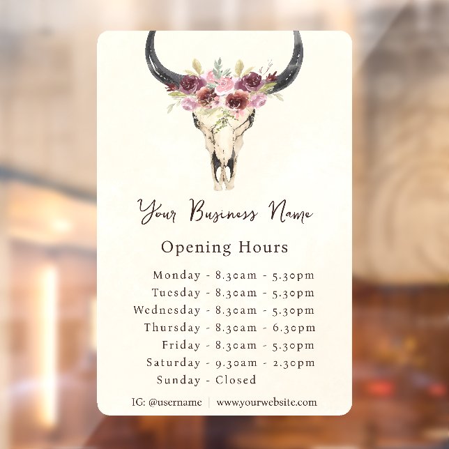 Boho Floral Cow Skull Business Store Hours (Sheet 2)