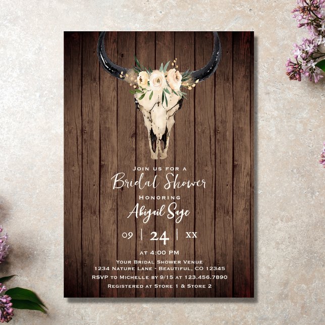 Boho Floral Cow Skull on Rustic Wood Bridal Shower Invitation (Creator Uploaded)
