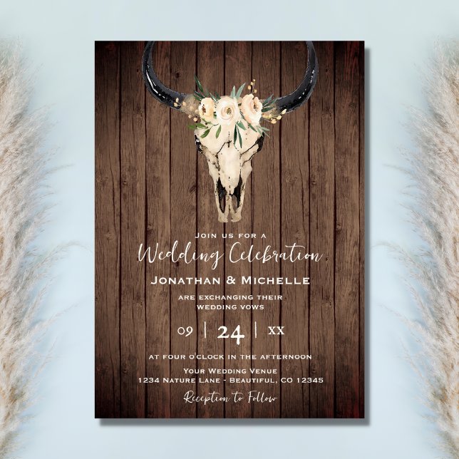 Boho Floral Cow Skull on Rustic Wood Wedding Invitation (Creator Uploaded)
