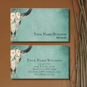 Boho Floral Cow Skull on Turquoise Business Card