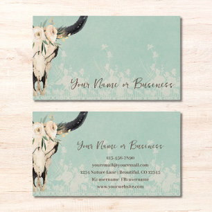 Boho Floral Cow Skull on Turquoise Business Card