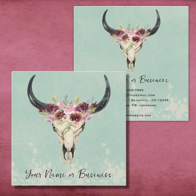 Boho Floral Cow Skull on Turquoise Square Business Card (Creator Uploaded)